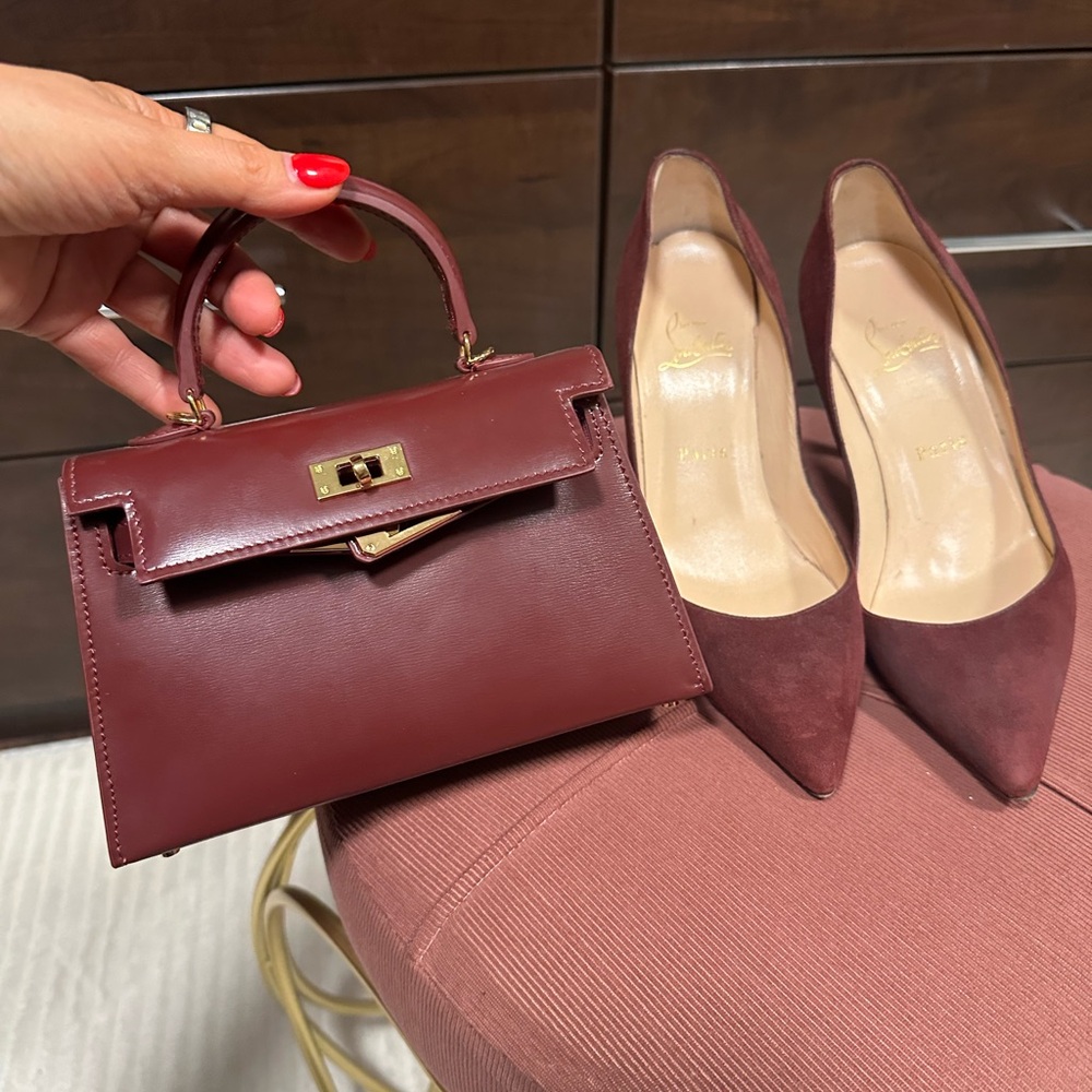 Christian Louboutin Burgundy Suede Heels and a matching mini top handle bag set